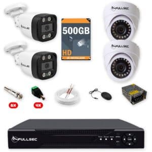 Kit 4 Câmeras de Segurança 2 Bullet + 2 Dome Full HD 1080p + DVR 4 Canais + HD 500GB + Cabo 100m Fullsec