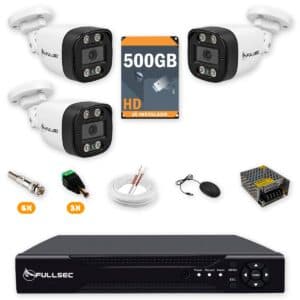407 Kit 3 Câmeras de Segurança HD 720p + DVR 4 Canais + HD 500GB + Cabo 100m Fullsec