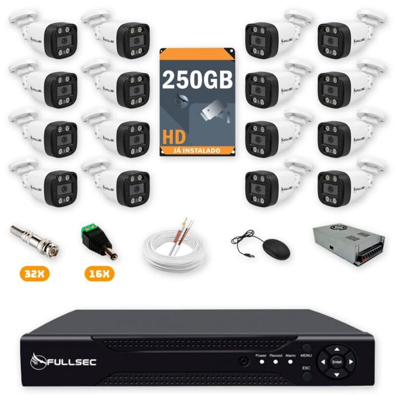 472 Kit 16 Câmeras de Segurança HD 720p + DVR 16 Canais + HD 250GB + Cabo 100m Fullsec