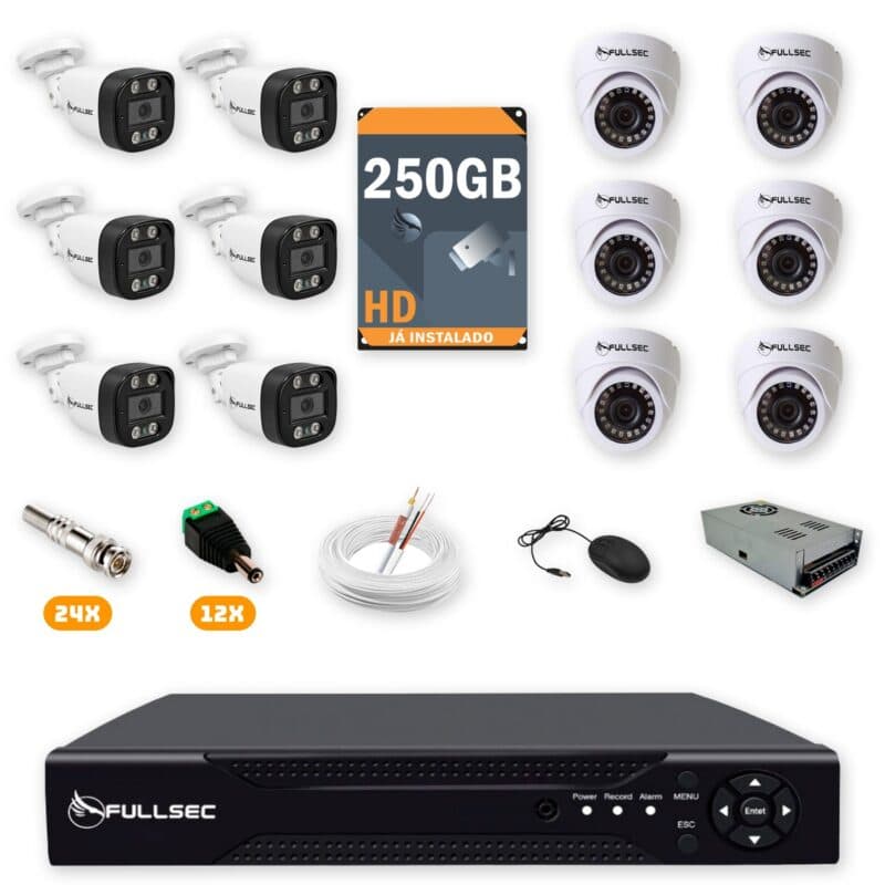 Kit 12 Câmeras de Segurança 6 Bullet + 6 Dome HD 720p + DVR 16 Canais + HD 250GB + Cabo 100m Fullsec