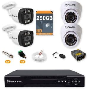 Kit 4 Câmeras de Segurança 2 Bullet + 2 Dome HD 720p + DVR 4 Canais + HD 250GB + Cabo 100m Fullsec