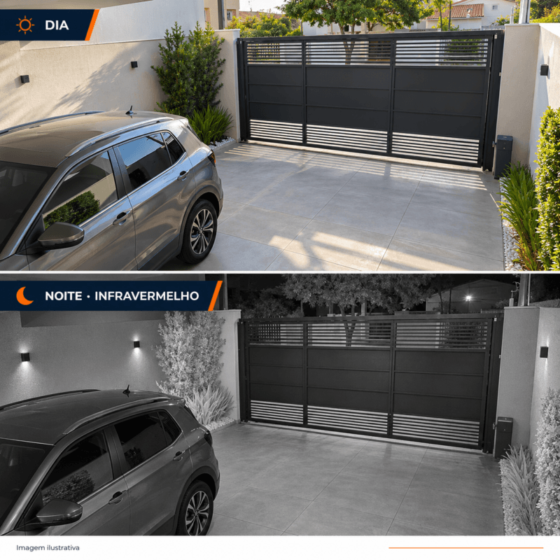Comparação ilustrativa de garagem de dia e à noite com infravermelho em preto e branco